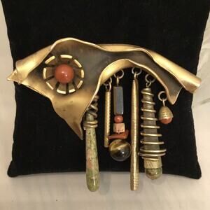 Vintage Patricia Locke Brass Gemstone Dangle Geometric Modernist Brooch/Pin